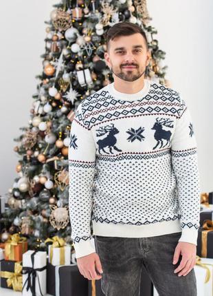 Белый теплый свитер с оленями зимний рождественский шерстяной прямая горловина