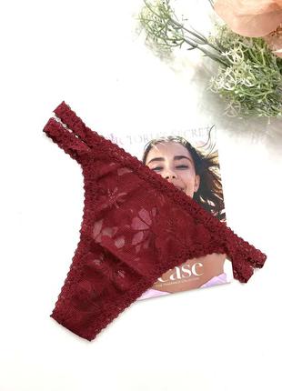 Трусики стринги кружевные pink victoria's secret (бордовый)