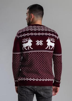 Бордовый теплый свитер с оленями зимний рождественский шерстяной прямая горловина3 фото