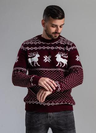 Бордовый теплый свитер с оленями зимний рождественский шерстяной прямая горловина2 фото