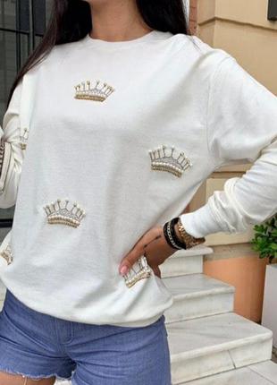 Шикарный свитер,кофточка ,принт короны в жемчуге,размер хл.2 фото