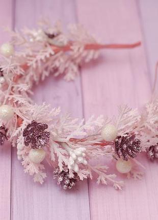 Новогодний обруч ободок розовый с шишками