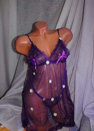 Воздушный легкий фиолетовый сиреневый женский эротический интимный пеньюар "блюз" с трусиками1 фото