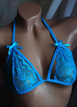 Изящный насыщенный голубой бирюзовый кружевной комплект нижнего женского эротического белья "амели"2 фото