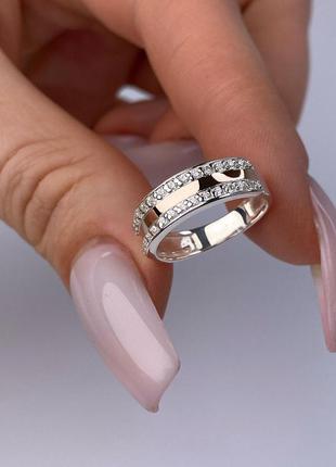 Серебряное кольцо с золотыми пластинами дорожка камней обручальное