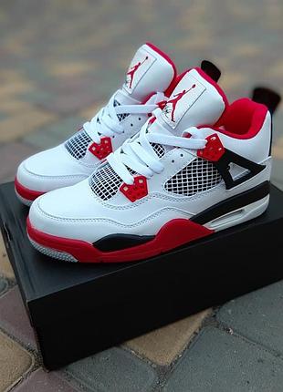 Мужские высокие кожаные кроссовки белые с красным nike air jordan 4 🆕 найк джордан