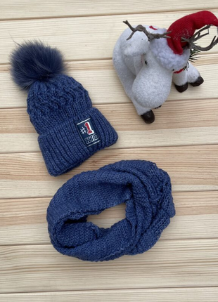 Комплект: зимова шапка з помпоном з натурального хутра і снуд!5 фото