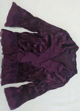 Блуза, швеция, под бархат, фиолетовая, с оборками, жатая1 фото
