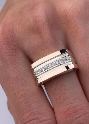 Срібний чоловічий перстень печатка з золотими пластинами ряд каменів доріжка3 фото