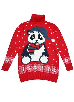 Свитер детский новогодний с пандочкой красный