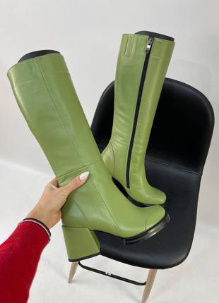 Ексклюзивні чоботи з натуральної італійської шкіри зелені оливка2 фото