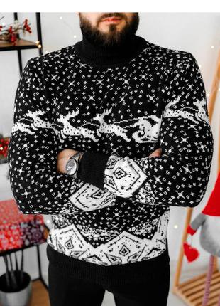 Светр чоловічий з принтом новорічний оленями чорний туреччина / светр чоловічий новорічний з оленями