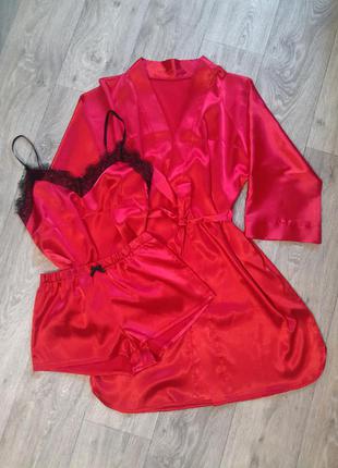 Комплект атласный пижама с кружевом и халат красный