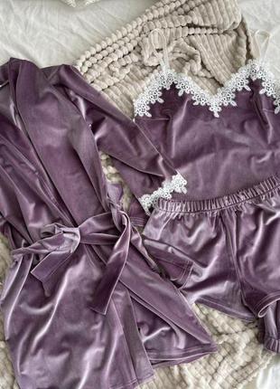 Королевский лиловый бархатный комплект четвёрка халат+штаны+майка+шорты, велюровая пижама четвёрка, бархатная пижама/велюрова піжама четвірка3 фото