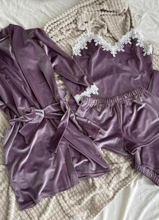 Королевский лиловый бархатный комплект четвёрка халат+штаны+майка+шорты, велюровая пижама четвёрка, бархатная пижама/велюрова піжама четвірка5 фото