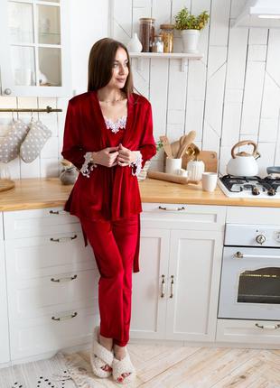Christel 109 бархатный комплект тройка халат и штаны пижама красная