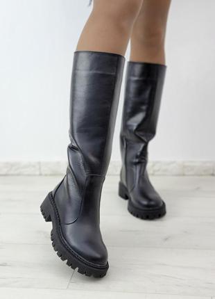 Високі чоботи труби натуральна шкіра чорні р35-41 високі чоботи труби чорні шкіра