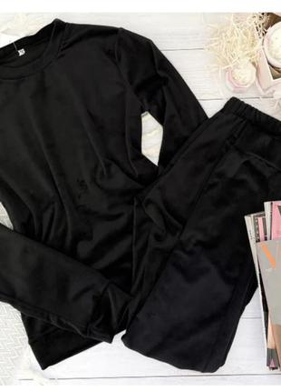 Плюшевий велюровий чорний костюм для будинку кофта зі штанами, піжама, велюровий комплект1 фото