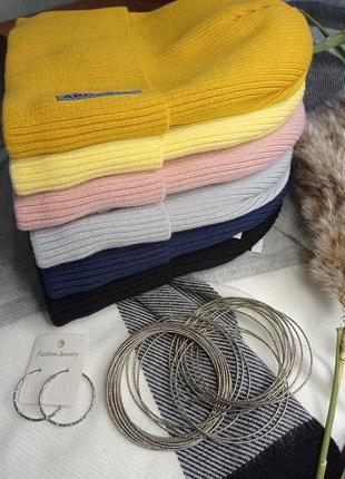 Шапка бини лопата резинка рубчик на флисе с отворотом зима ассорти