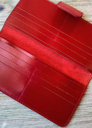 Червоний гаманець жіночий на кнопці без тиснення на 16 відділів з натуральної шкіри ручної роботи3 фото