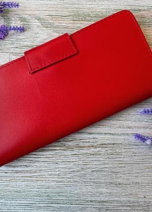 Червоний гаманець жіночий на кнопці без тиснення на 16 відділів з натуральної шкіри ручної роботи2 фото