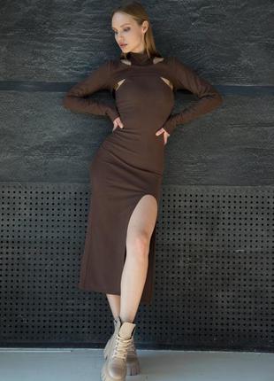 Комплект платье миди с разрезом и болеро коричневый купить платье с разрезом 3 цвета