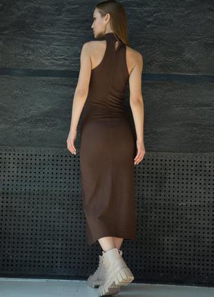 Комплект платье миди с разрезом и болеро коричневый купить платье с разрезом 3 цвета5 фото