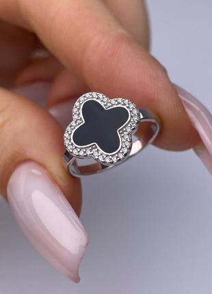 Срібне кільце конюшина срібло 925 проба чорна емаль в каменях срібло