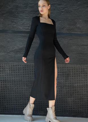 Черное платье миди с разрезом трикотаж в рубчик обтягивающее 2 цвета4 фото