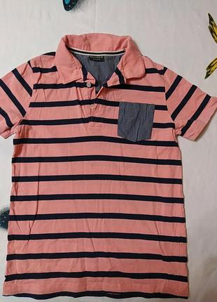 Футболка  поло розовая в синюю полоску  8-10 лет