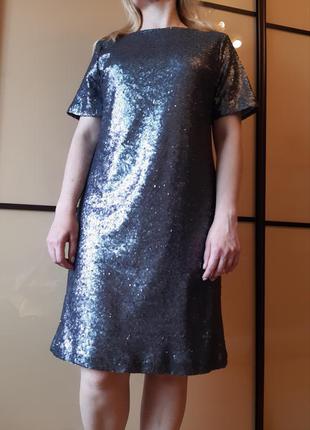 Нарядное, серое платье миди в пайетки большого размера tu3 фото