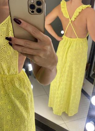 👗жёлтое длинное платье с кружевом/жёлтый сарафан с перфорацией/жёлтое перфорированное портье👗4 фото