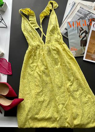 👗жёлтое длинное платье с кружевом/жёлтый сарафан с перфорацией/жёлтое перфорированное портье👗6 фото