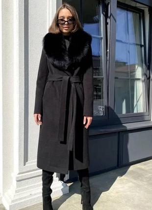Шикарне жіноче зимове чорне пальто із суцільною шкурою песця