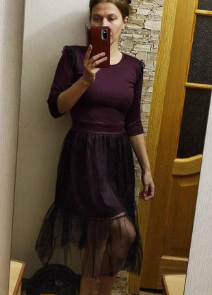 Платье для торжеств с фатином и кружевом цвет марсала распродажа1 фото