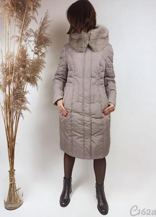 Зимове рожеве пухове пальто з натуральним хутром, зимнее пудровое пуховое пальто с натуральным мехом