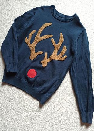 Свитер олень новогодний на 9-10 лет. хлопок.