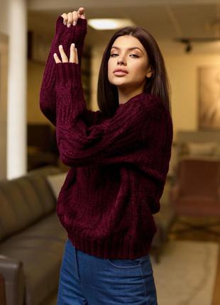 Об'ємний в'язаний светр з візерунком марсала 5 кольорів7 фото