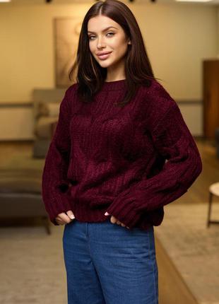 Об'ємний в'язаний светр з візерунком марсала 5 кольорів1 фото