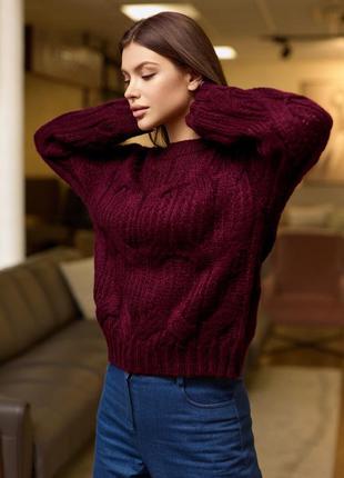 Об'ємний в'язаний светр з візерунком марсала 5 кольорів6 фото