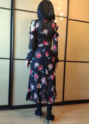 Чорне плаття міді шифон вирізані плечі принт квіти троянди🌹8 фото
