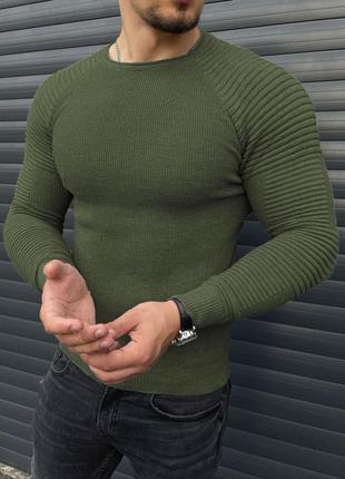 Джемпер мужской с ребрами зеленый | джемпер чоловічий зеленого кольору класичний