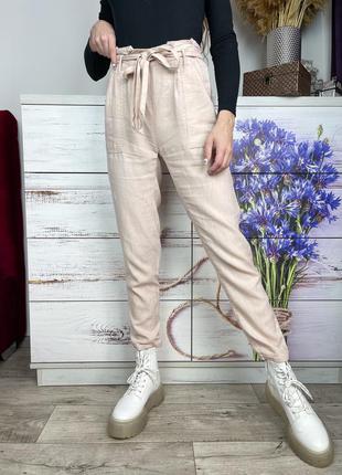 Натуральные пудровые брюки на высокой посадке лён + вискоза 1+1=3