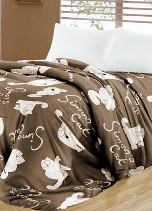 Красивый плюшевый плед на кровать коричневый "кот саймон" полуторка 160х210