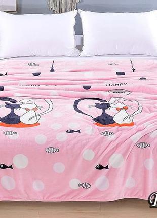 Стильный розовый флисовый плед покрывало на кровать "котики"
