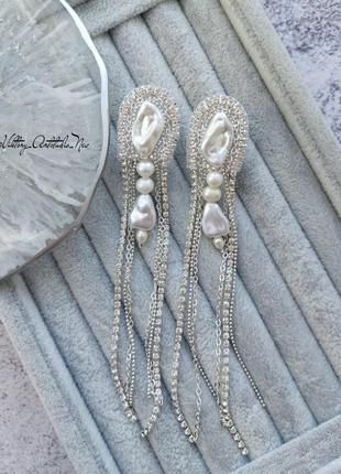 Довгі сережки медузи з перлами і стразовой ланцюжком2 фото