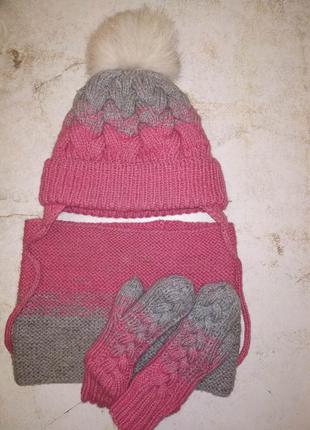 Очень теплый, натуральный зимний комплект (шапка, снуд и варежки) ручной работы