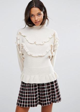 Бежевый молояный свитер с высоким горлом и оборками кофта джемпер vero moda