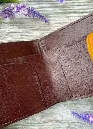 Шкіряне портмоне міні ручної роботи гаманець жіночий на 4 відділи жовті східні візерунки4 фото