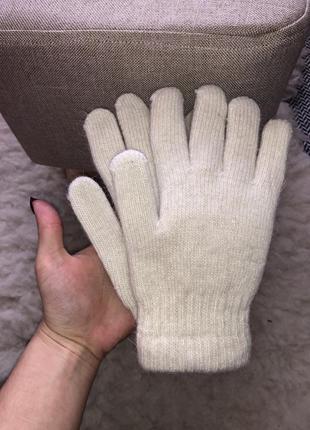 Шерстяные перчатки двойные шерсть натуральные ангора бежевые светлые3 фото